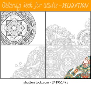 4 pages of unique coloring book for adults - flower paisley design, joy to older children and adult colorists, who like line art and creation, vector illustration