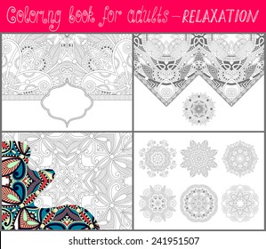 4 pages of unique coloring book for adults - flower paisley design, joy to older children and adult colorists, who like line art and creation, vector illustration