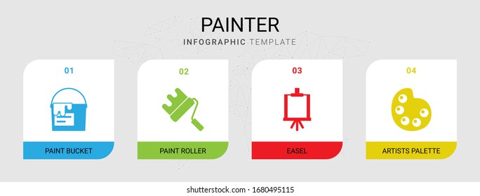 4 painter filled icons set isolated on infographic template. Icons set with paint bucket, paint roller, Easel, Artists palette icons.