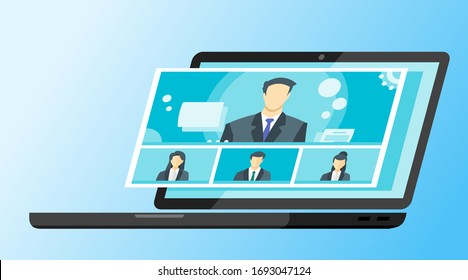 4 Panels Online Virtual Remote Meetings,  Video Web Conference Teleconference Female Main. Company CEO President Executive Manager Boss Employee Team Work Learn From Home WFH Live Stream Webinars