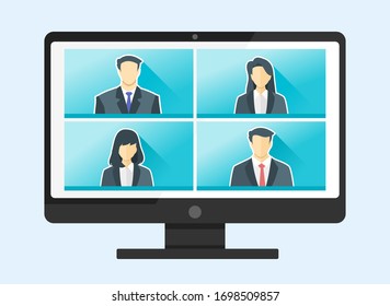4 Panels Online Virtual Remote Meetings, PC TV Video Web Conference Teleconference. Company CEO President Authorities Executive Manager Boss Employee Team Work Learn From Home WFH Live Stream Webinars