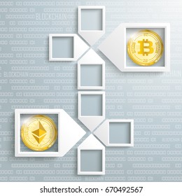 4 paper arrow frames on the gray backround with golden coins of bitcoin and ethereum. Eps 10 vector file.