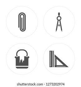 4 Paper Clip, Paint Can, Compass, Ruler modern icons on round shapes, vector illustration, eps10, trendy icon set.