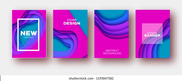 4 Paper Cut Tunnel Wave Shapes. Layered curve Origami design for business presentations, flyers, posters. Set of four vertical banners. 3D abstract map carving. Text. Frame. Purple.