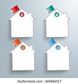 4 paper house stickers with pins on the gray background. Eps 10 vector file.