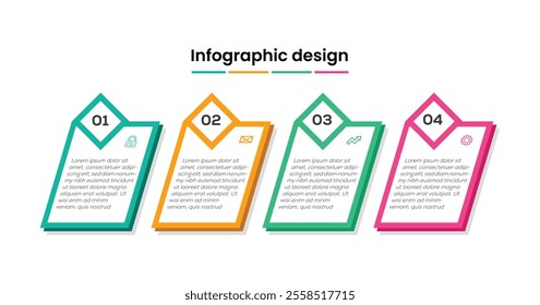 4 paper white rectangular elements placed in horizontal row. Concept of 4 steps of business development process. Simple infographic design template. Modern linear vector illustration for report