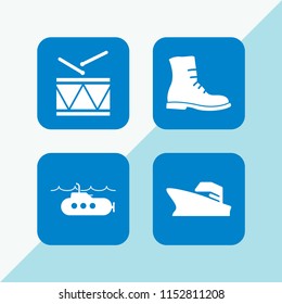 4 parade icons in vector set. submarine, military boot, military drum musical instrument and warship illustration for web and graphic design