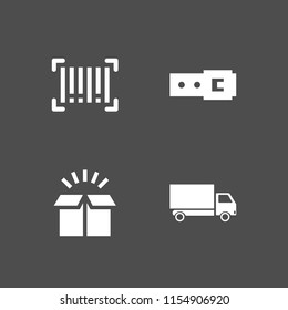 4 parcel icons in vector set. barcode, belt, delivery truck and box illustration for web and graphic design