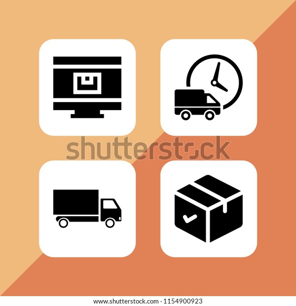 4 parcel icons in vector set.\
delivery truck, box, shipping and delivery and logistics delivery\
truck and clock illustration for web and graphic\
design