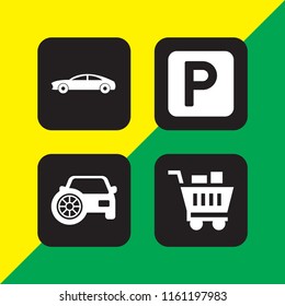4 parking icons in vector set. garage, sportcar, car parking and shopping cart illustration for web and graphic design