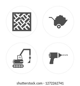 4 Parquet, Crane, Wheelbarrow, Drill modern icons on round shapes, vector illustration, eps10, trendy icon set.