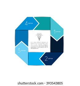 4 part chart, scheme.  Arrow step by step presentation. Connected text bubbles. Infographic vector.