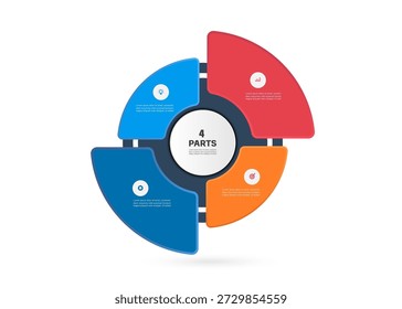 4-teiliges, vierfarbiges Tortendiagramm, das in Schritten zur Gestaltung von Infografiken über Prozesse oder Prozessschritte angeordnet ist. Klar durch verschiedene Farben getrennt, Vektorgrafik für das aktuelle Design