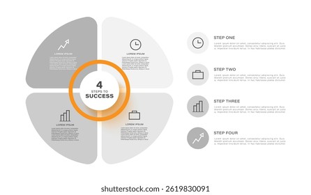 4 Part Pie Chart Infographic Design Vector Template. Mockup with Icons and Place for Data