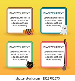 4 pastel color text boxes, can change text. Candy, ghost, cat
and broom witch text box.