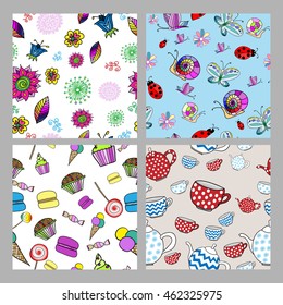 4 pattern seamless with flowers, butterflies, sweets and cups
