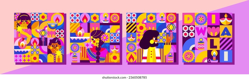 4 patterns to celebrate Diwali. Modern, bright design in mosaic style. Cheerful Indian couple, children with lights and many festive elements.