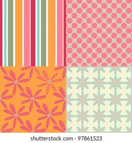 4 patterns with retro flowers and shapes