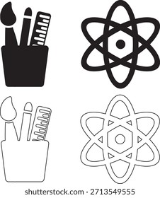 Icono de Educación de 4 piezas. icono del sostenedor de la pluma. icono de la órbita del átomo.