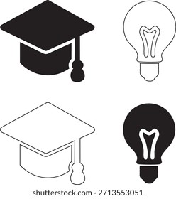 Conjunto de iconos de Educación de 4 piezas. Icono de tapa de graduación. icono de bombilla. icono de luz.