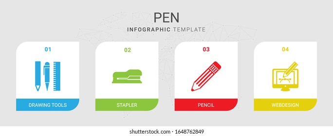 4 pen filled icons set isolated on infographic template. Icons set with Drawing tools, Stapler, Pencil, Webdesign icons.