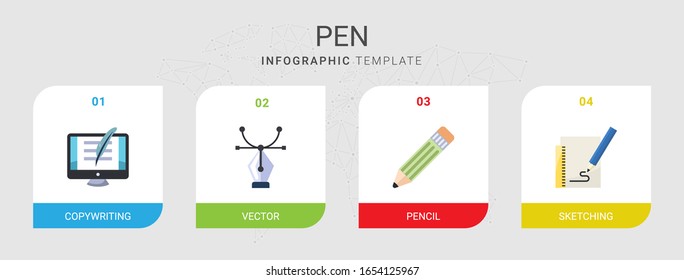 4 pen flat icons set isolated on infographic template. Icons set with Copywriting, Vector, Pencil, Sketching icons.