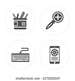 4 Pencil case, Keyboard, Zoom in, Colours modern icons on round shapes, vector illustration, eps10, trendy icon set.
