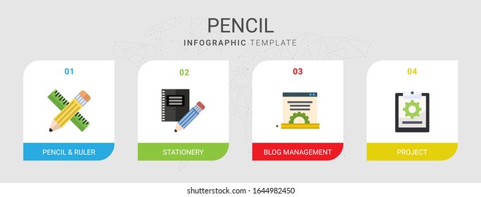 4 iconos planos de lápiz establecidos aislados en plantilla infográfica. Iconos con Lápiz y regla, Stationery, administración de blogs, iconos de proyecto.
