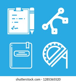 4 pencil icons with notepad and design button of curved and straight lines in this set
