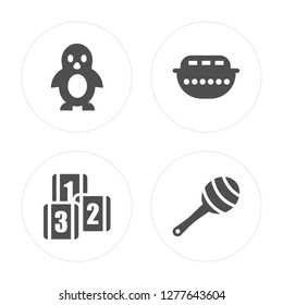 4 Penguin toy, Toy Boat Rattle toy modern icons on round shapes, vector illustration, eps10, trendy icon set.