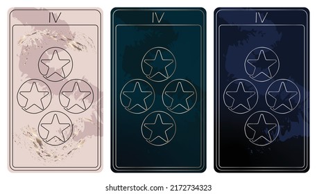 4 of Pentacles. A card of Minor arcana one line drawing tarot cards. Tarot deck. Vector linear hand drawn illustration with occult, mystical and esoteric symbols. 3 colors. Proposional to 2,75x4,75 in