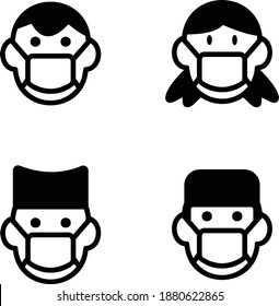 4 Personas frente a símbolo de icono de máscara antigripal, Concepto de enfermedad por gripe y uso de máscara médica para prevenir la propagación de gérmenes de virus, Aislado en fondo blanco, Esbozo diseño ilustración vectorial