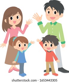 4 people family smile set wave hands