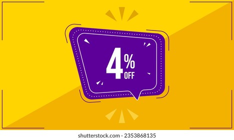 4 percent, four percent. Discount banner shape. Sale coupon purple bubble icon. Special offer badge. Yellow abstract background. Modern concept design. Banner with offer badge. Vector
