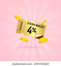4 percent gift voucher with coupon Cash back. For business promotion sales and Discount online purchases. Tag label, sale banner with golden coin cash back. 