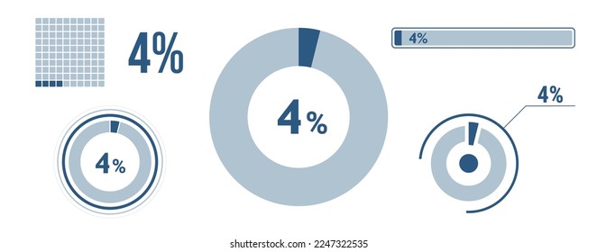 4 percent loading data icon set. Four circle diagram, pie donut chart, progress bar. 4% percentage infographic. Vector concept collection, blue color.