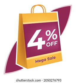 4 percent off. 3D Yellow shopping bag concept in white background.