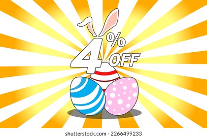 4 percent off. Banner with colorful easter eggs, bunny ears and background with yellow and orange gradient rays