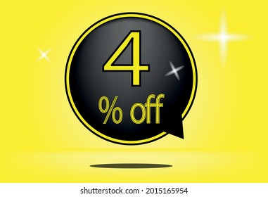4 percent off black balloon and floating. with yellow background, banner 4% off yellow, shadow