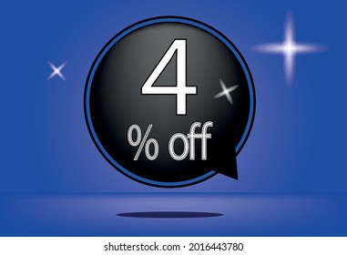 4 percent off black balloon and floating. with blue background, banner 4% off blue, shadow