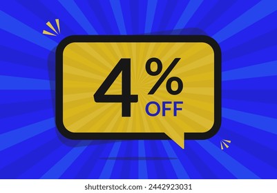 4 percent off. 4% discount. Blue and Yellow banner with floating balloon for promotions and offers.