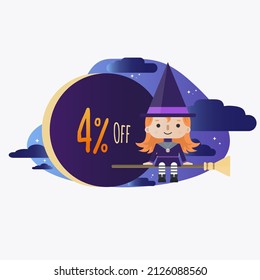 4 percent off - Halloween - Cute Little Red-haired Witch Cartoon sitting on the broom in the starry night, with clouds and a big discount tag.