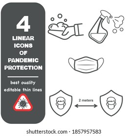 
4 personal protection icons. Disinfection, antibacterial spray,, mask, social distance, washing hands with soap, vector illustration.