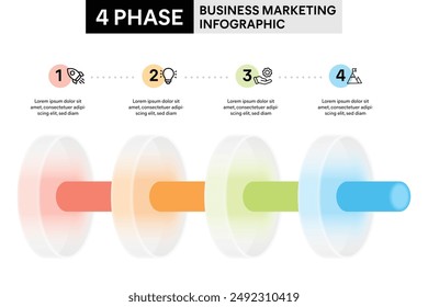 4 Phase Circle Shape Infographic in Glassmorphism Style with Cylinder Pipeline Infographic Template Illustration for Business Report.