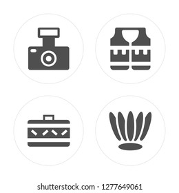 4 Photo camera, Suitcase, Lifejacket, Shell modern icons on round shapes, vector illustration, eps10, trendy icon set.
