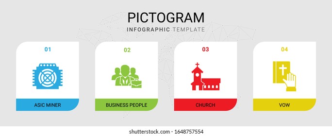 4 pictogram filled icons set isolated on infographic template. Icons set with ASIC Miner, business people, church, vow icons.
