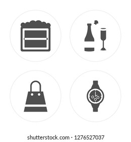 4 Picture, Shopping bag, Champagne, Wristwatch modern icons on round shapes, vector illustration, eps10, trendy icon set.