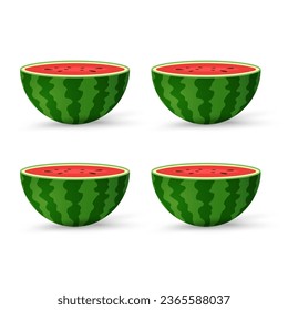 4 Stück Fresh Watermelon Bio-Früchte mit frischen grünen offenen Wassermelonen halbe Schnitte, Scheiben und Dreiecke. Rote Wassermelone, Vektorgrafik