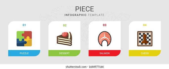 4 piece flat icons set isolated on infographic template. Icons set with Puzzle, dessert, salmon, Chess icons.