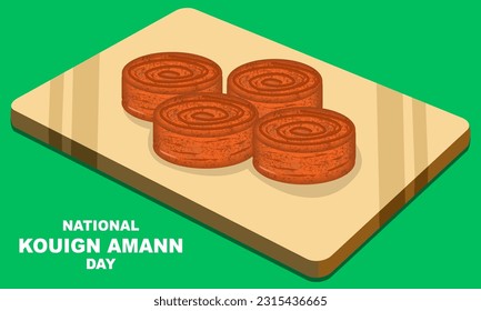 4 pieces of Kouign Amann pastry placed on a wooden plate. Kouign Amann made of flour, butter, and sugarof flour, butter, and sugar commemorating national kouign amann day

